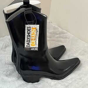 DailyShoes CB-RAIN Black Glossy Rubber Western Cowboy Rain Boots Womens Size 10
